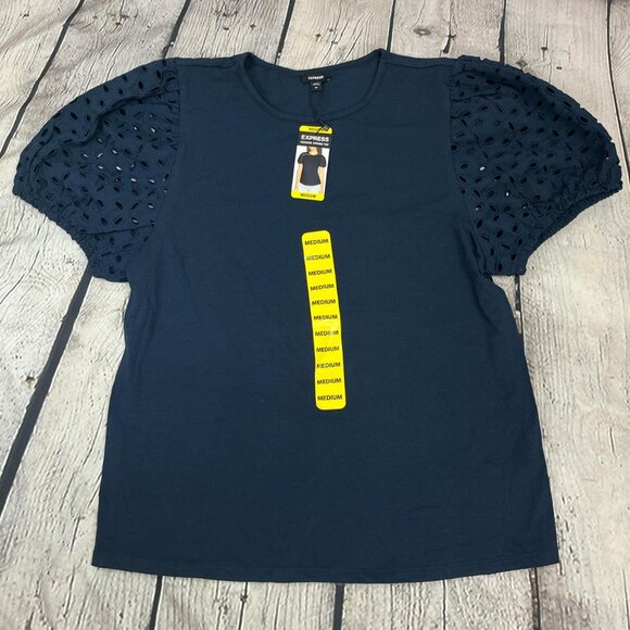 Express Tops - NWT Express Navy Knit Top – Eyelet Puff Sleeves – Size M – Preppy Lace Detail
